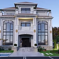 Elegant Two Story White Detached Villa Exterior With Large Windows Garden And Pool