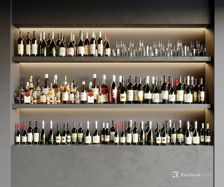 Neatly Arranged Wine Bottles And Glasses On Multi Layer Display Shelves With Gray Wall 3d model 