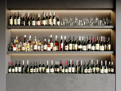 Neatly Arranged Wine Bottles And Glasses On Multi Layer Display Shelves With Gray Wall 3d model