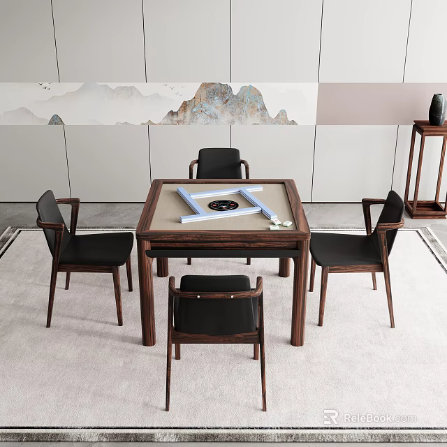 Elegant Chinese Style Table Chair Set with Square Chessboard Tabletop Black Chairs and Landscape Wall 3d model 