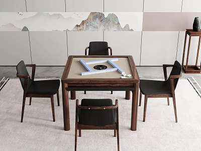 Elegant Chinese Style Table Chair Set with Square Chessboard Tabletop Black Chairs and Landscape Wall 3d model