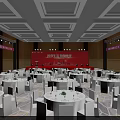 Interactive Area Corridor With Red Backdrop White Tablecloth Tables And Wavy Pattern Carpet 3d model