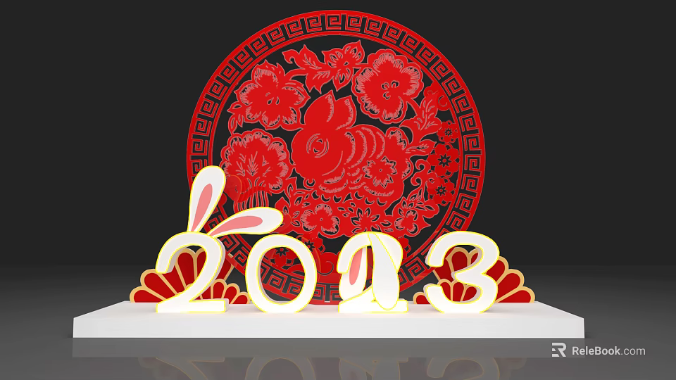 Red Circular Paper Cut Art With Rabbit Ears And 2023 Decorative Pattern 3d model