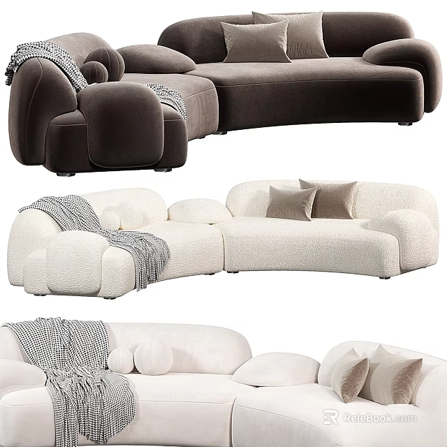 Elegant Mirror In Living Room With Curved Brown White Sofas Cushions And Blanket 3d model 