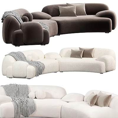 Elegant Mirror In Living Room With Curved Brown White Sofas Cushions And Blanket 3d model