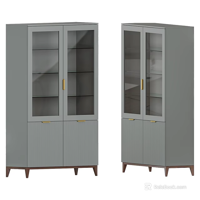 Modern Gray Glass Door Storage Cabinets With Golden Handles And Wooden Legs 3d model 
