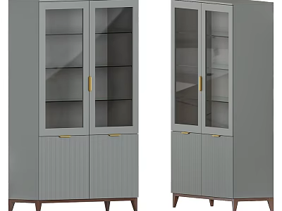 Modern Gray Glass Door Storage Cabinets With Golden Handles And Wooden Legs 3d model