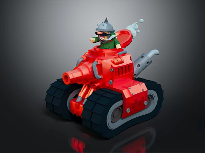 Red Toy Tank With Black Tracks And Small Spiked Helmet Figure On Top 3d model