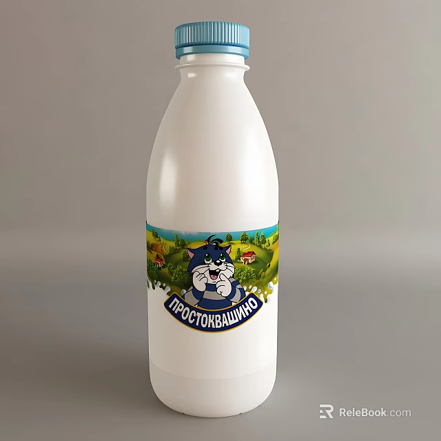 White Fresh Milk Beverage Bottle With Cartoon Cat And Pastoral Background Design 3d model 