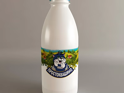 White Fresh Milk Beverage Bottle With Cartoon Cat And Pastoral Background Design 3d model