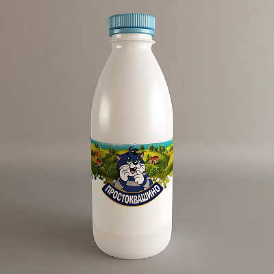 White Fresh Milk Beverage Bottle With Cartoon Cat And Pastoral Background Design 3d model