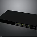 Black Network Switch With Multiple Ports And Metal Brackets On Sleek Surface