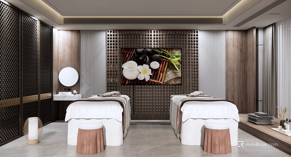 SPA Interior With Two Massage Beds White Linens Wooden Walls And Decorative Painting 3d model 