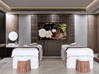 SPA Interior With Two Massage Beds White Linens Wooden Walls And Decorative Painting 3d model