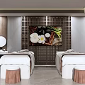 SPA Interior With Two Massage Beds White Linens Wooden Walls And Decorative Painting