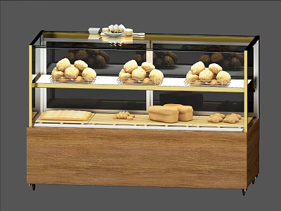 Dessert Shop Glass Display Case With Fresh Baked Bread And Pastries On Wooden Base 3d model