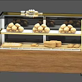 Dessert Shop Glass Display Case With Fresh Baked Bread And Pastries On Wooden Base
