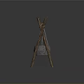 Rustic Wooden Stand With Hanging Metal Pot As Essential Household Item