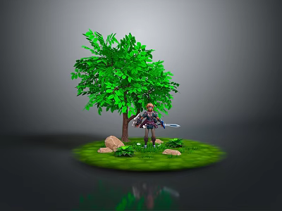 Woman Standing Under Green Tree With Sword On Grassy Area With Stones 3d model