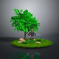 Woman Standing Under Green Tree With Sword On Grassy Area With Stones