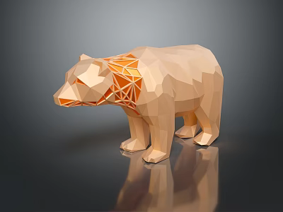 Low Poly Bear Sculpture With Orange Internal Geometric Lines On Reflective Surface 3d model
