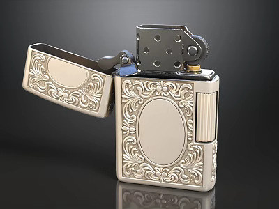Silver Metal Lighter With Intricate Engraved Patterns And Open Lid Design 3d model