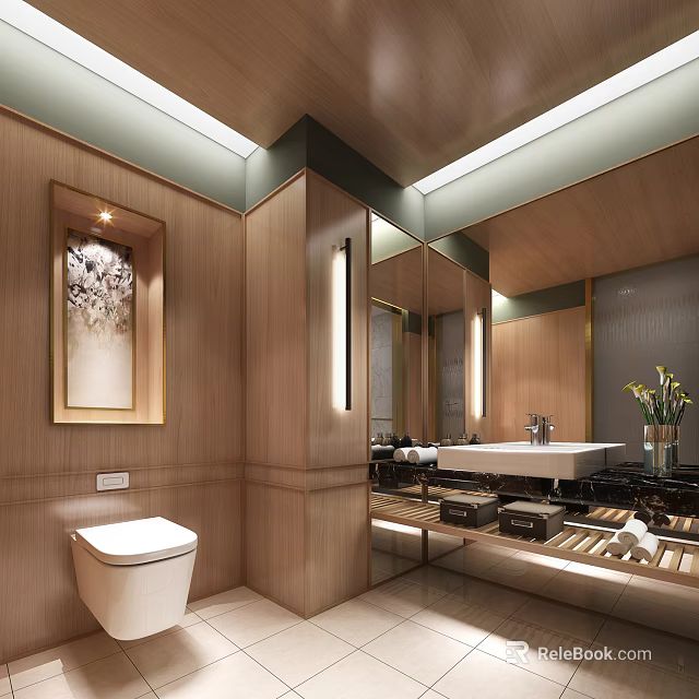 Elegant Bathroom Interior Design with Wooden Walls Mirror Vanity Toilet Decorative Painting and Plants 3d model 