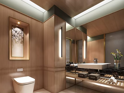 Elegant Bathroom Interior Design with Wooden Walls Mirror Vanity Toilet Decorative Painting and Plants 3d model