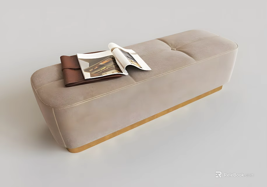 Light Gray Fabric Sofa Bench with Stitched Design Wooden Base and Magazine Leather Accessory 3d model 