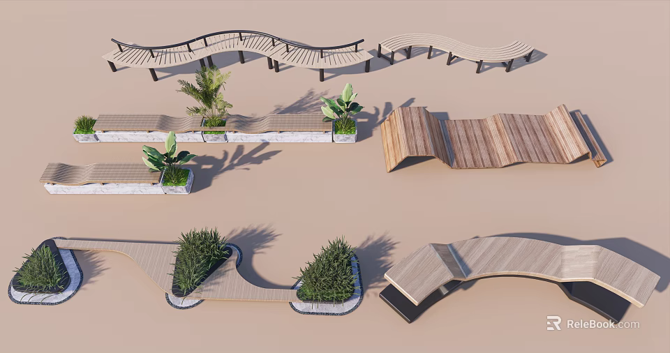 Modern Wave shaped Outdoor Landscape Seats With Wooden Structure And Green Plants 3d model 