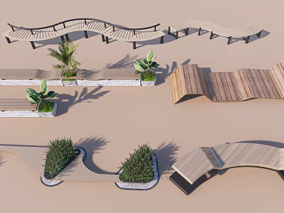 Modern Wave shaped Outdoor Landscape Seats With Wooden Structure And Green Plants 3d model