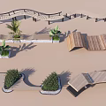 Modern Wave shaped Outdoor Landscape Seats With Wooden Structure And Green Plants