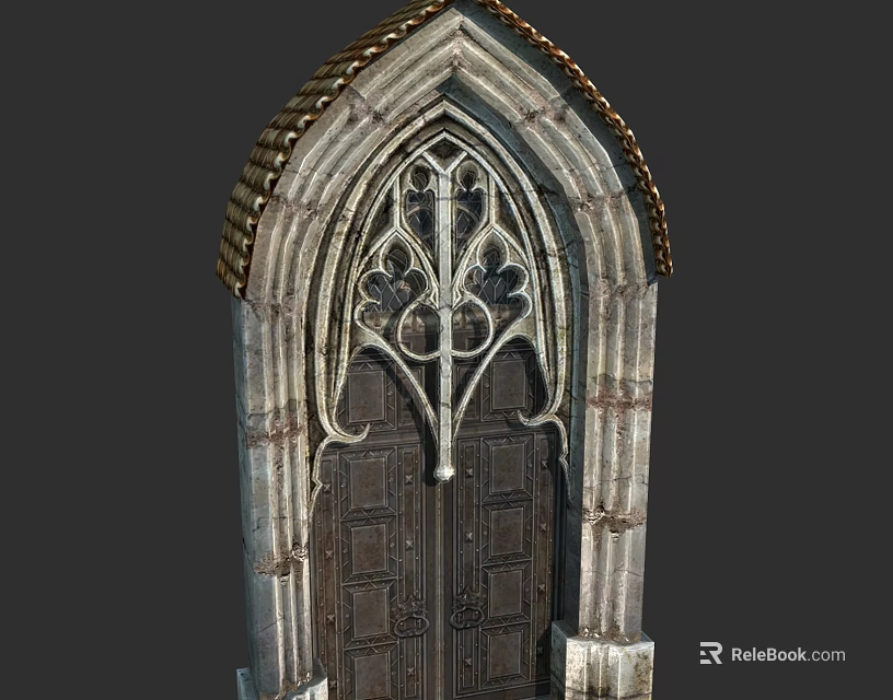 Gothic Entry Gate Featuring Pointed Arch Intricate Carved Patterns And Stone Frame 3d model 