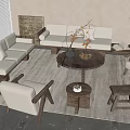 Upholstered Sofa And Round Wooden Coffee Table Set In Warm Natural Living Room With Plants