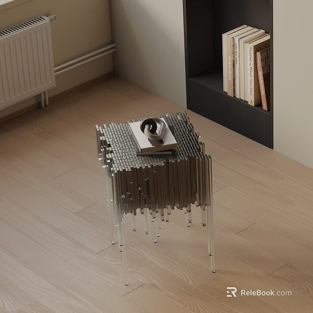 Modern Side Table With Metal Strips Top Tray Holding Cup And Book On Wooden Floor 3d model 