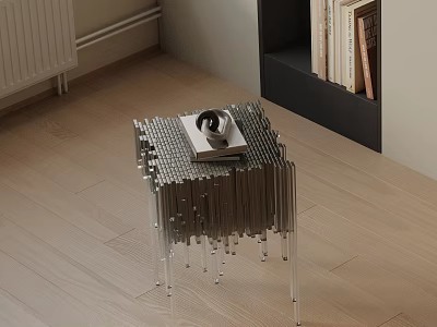 Modern Side Table With Metal Strips Top Tray Holding Cup And Book On Wooden Floor 3d model