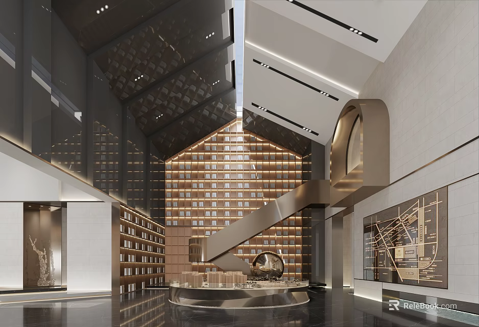 Modern Sales Office Interior Design With Staircase Bookshelves And Display Area 3d model 