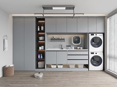 Modern Home Balcony Design With Gray Cabinets Washing Machine Dryer Storage Shelves And Robot Vacuum 3d model