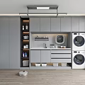 Modern Home Balcony Design With Gray Cabinets Washing Machine Dryer Storage Shelves And Robot Vacuum