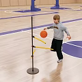 Basketball Court With Young Boy Dribbling Orange Basketball Around Yellow Training Poles And Blue Hoop