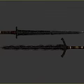 Brave Warrior And Fierce Creature Holding Intricate Swords With Brown Metal Hilts