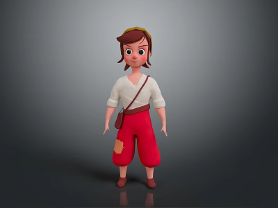 Cartoon Man With Brown Hair Yellow Headscarf White Shirt Red Patched Pants On Gray Background 3d model