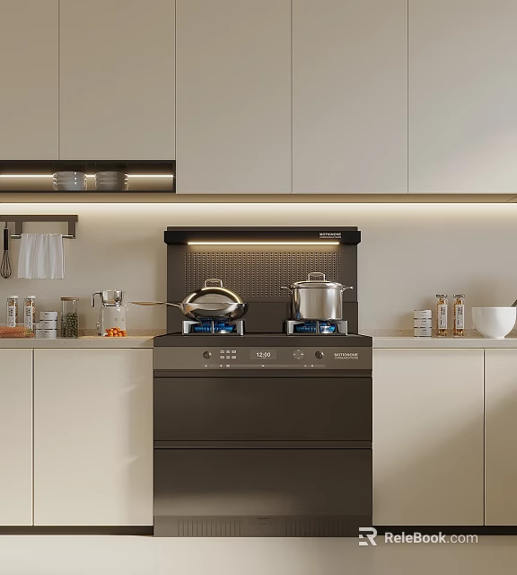 Modern Kitchen With White Cabinets Built in Stove Range Hood And Cooking Pots 3d model 
