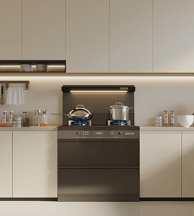 Modern Kitchen With White Cabinets Built in Stove Range Hood And Cooking Pots 3d model