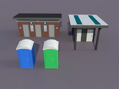 Portable Toilets Blue Green With Public Restroom Buildings Brown Gray Door White Green Striped Roof 3d model