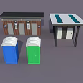 Portable Toilets Blue Green With Public Restroom Buildings Brown Gray Door White Green Striped Roof