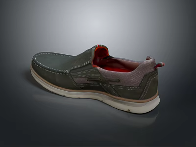 Slip On Dark Green Leather Casual Shoes With Red Interior And White Sole Stitching Design 3d model