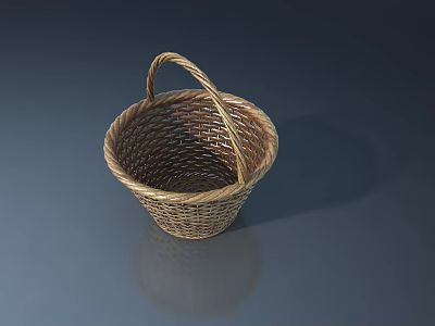 Handmade Woven Brown Basket With Curved Handle On Smooth Gray Surface And Reflection 3d model
