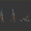 Vintage Blue Film Projectors on Tripods with Scattered Parts Against Dark Reflective Background