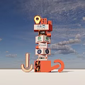 Stacked 3D Orange Cube Signage Structure With Brand Logos And 9 Zhi Symbol